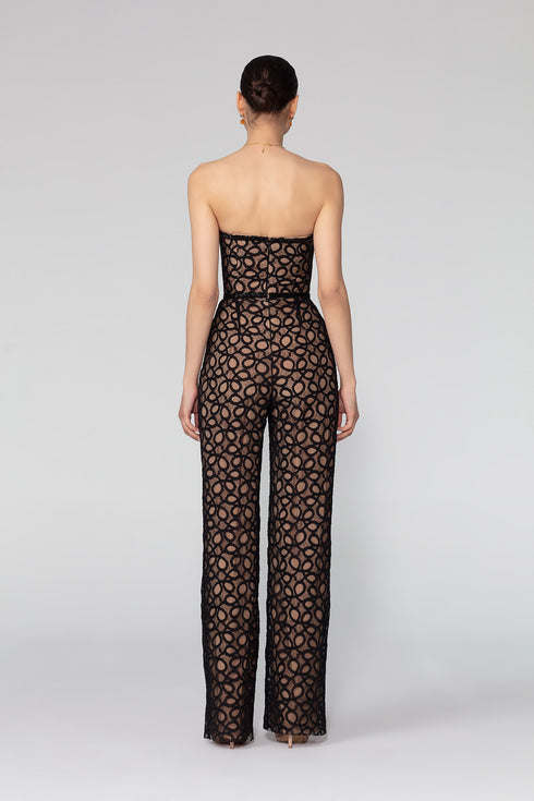 Heart Neck Striped Wide Leg Overall With Lace Detail